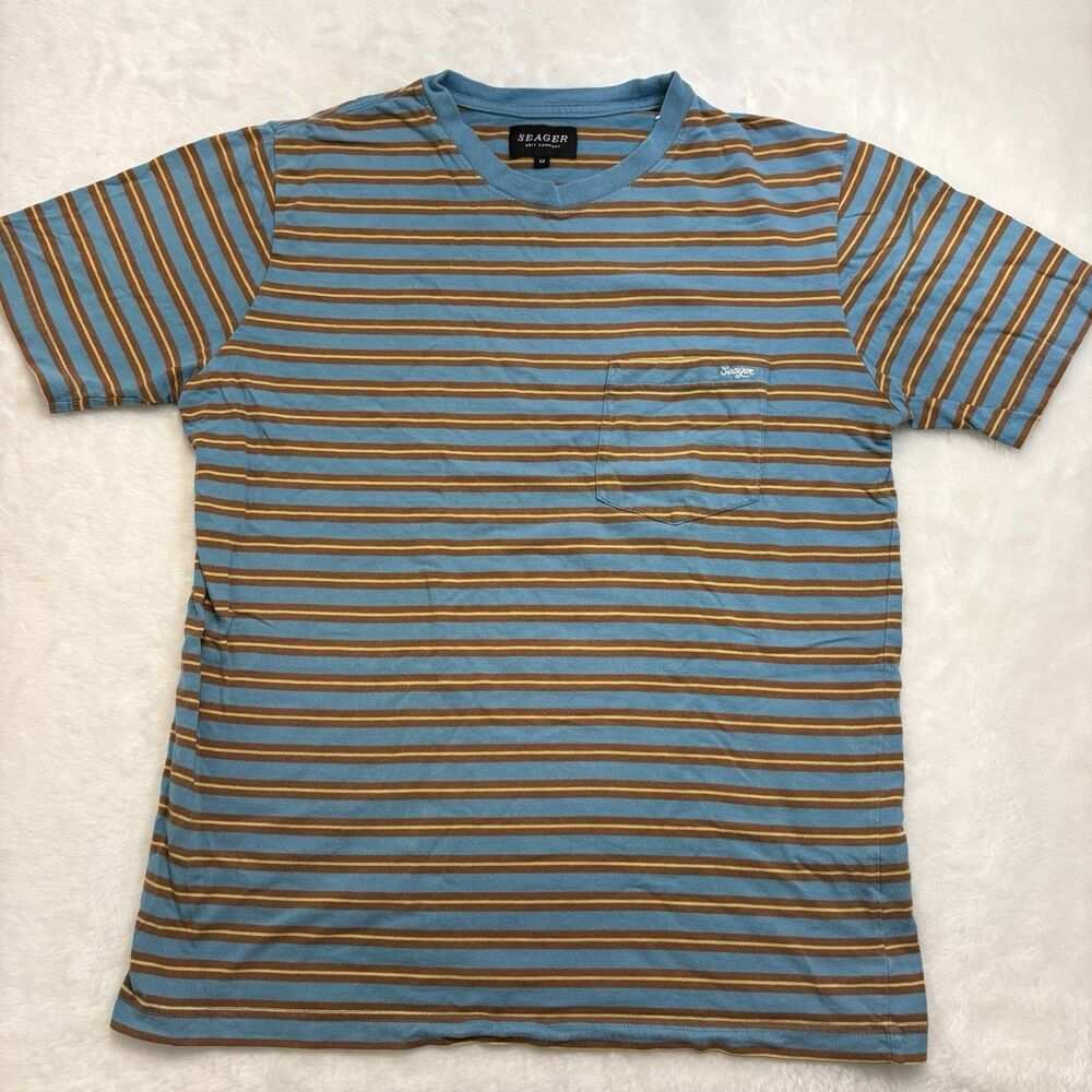 Seager Western Wear Striped T Shirt Men’s Medium Brown Blue 100% Cotton